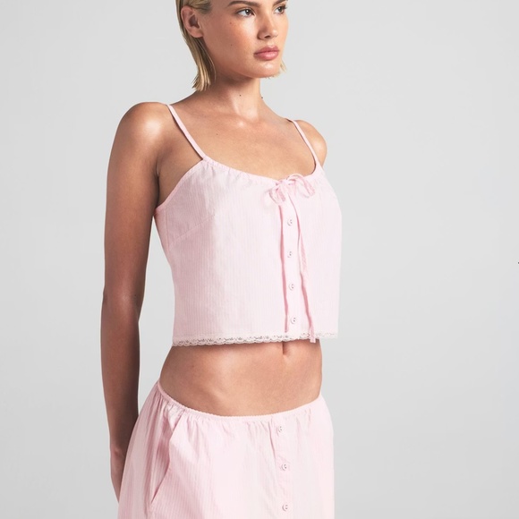 SKIMS Cherry Blossom Pink White Stripe Pajama Tank Cotton Lace Large Pajama Chic - Picture 9 of 12